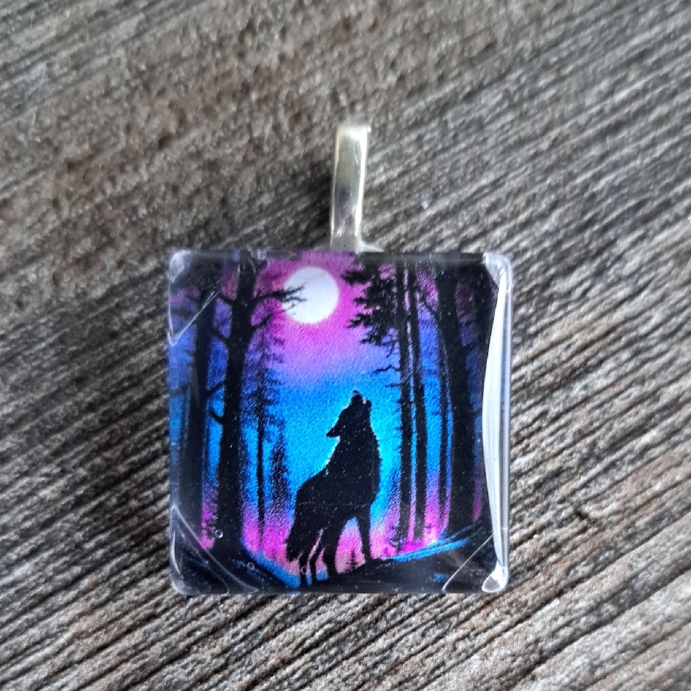 hand Crafted 1" Glass Tile Pendant Wolf Pendant with Moonlit Forest Design